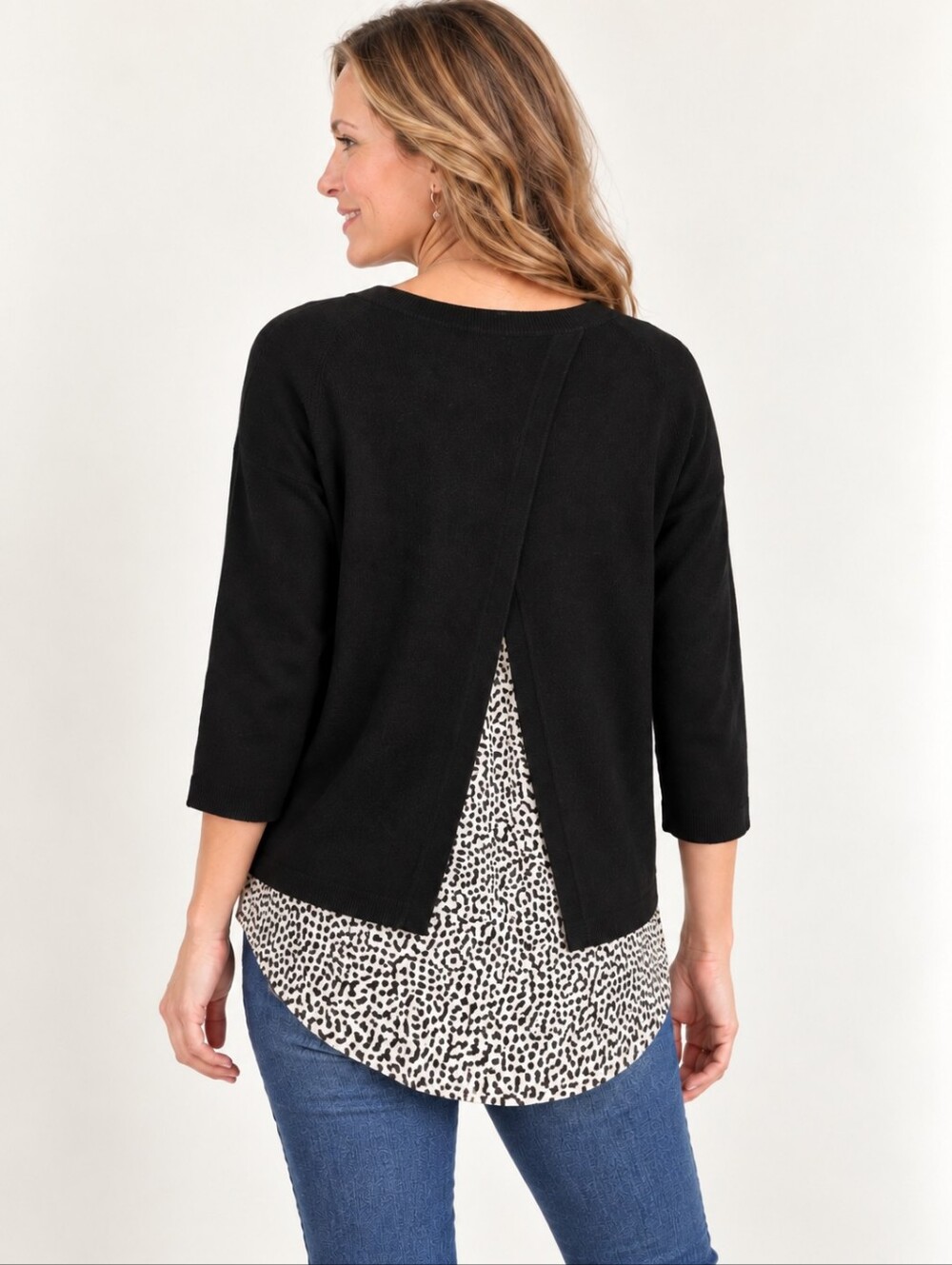 Ann Taylor Black Split Back Layered Sweater Faux Blouse Hem Shirt 3/4 Sleeve S